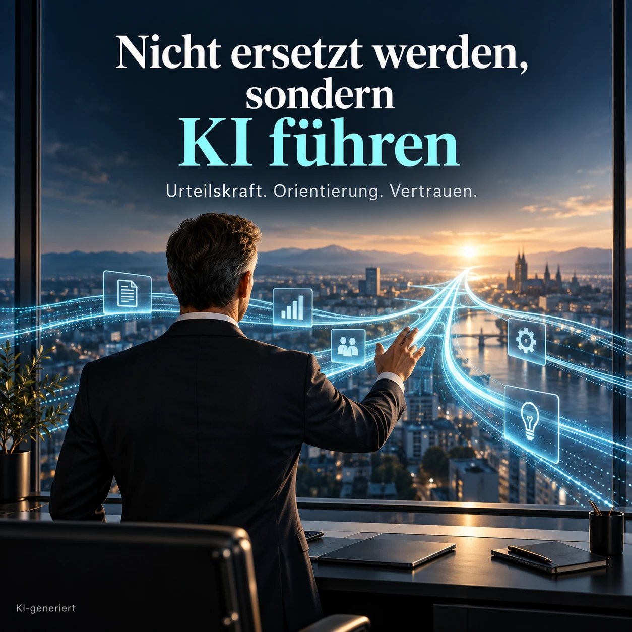 Führungskraft im Büro blickt über eine Stadt und lenkt leuchtende Datenströme: Nicht ersetzt werden, sondern KI führen